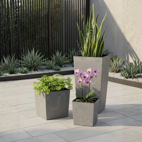 PLASTOVÝ KVĚTINÁČ FLORE 41X39,5X39,5 CM IMITACE BETONU ŠEDÁ