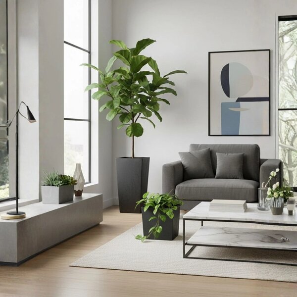 PLASTOVÝ KVĚTINÁČ FLORE 41X39,5X39,5 CM IMITACE BETONU ČERNÁ