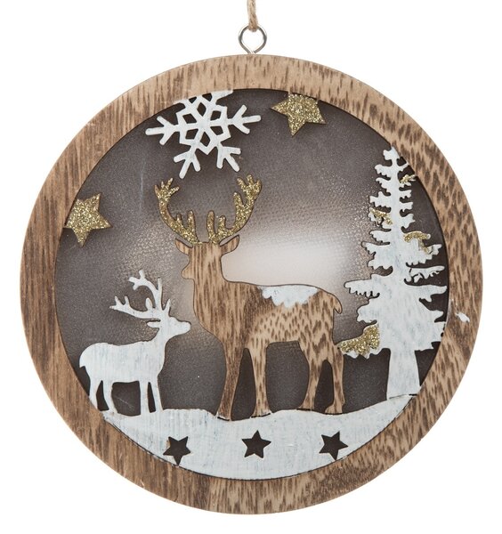 Dřevěná závěsná ozdoba s LED světlem Fawn, 13 x 13 x 2,5 cm