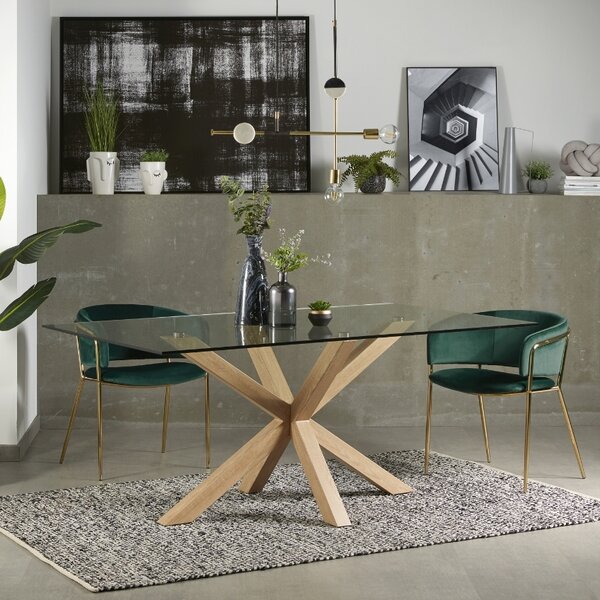 Skleněný jídelní stůl Kave Home Argo 200 x 100 cm s přírodní kovovou podnoží