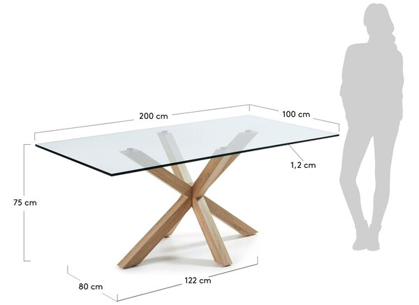 Skleněný jídelní stůl Kave Home Argo 200 x 100 cm s přírodní kovovou podnoží