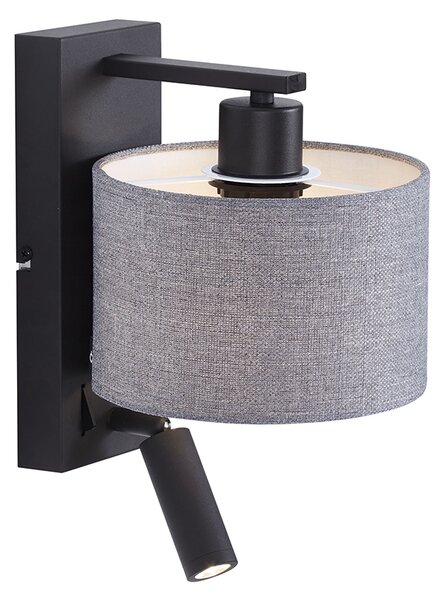 Moderní nástěnná lampa černá se šedým kulatým stínítkem a lampičkou na čtení - Puglia