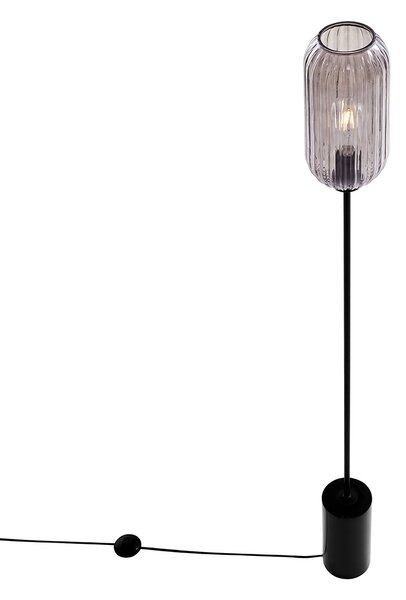 Stojací lampa v art deco stylu černá s kouřovým sklem - Rid