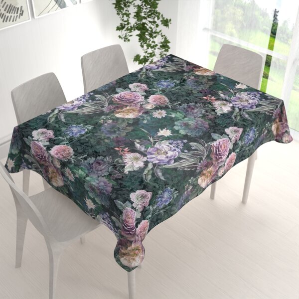 Biante Dekorační obdélníkový ubrus BM-010 Velké fialové květy na tmavě zeleném 50x100 cm