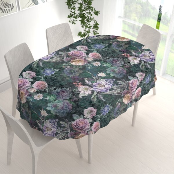Biante Dekorační oválný ubrus BM-010 Velké fialové květy na tmavě zeleném 100x140 cm