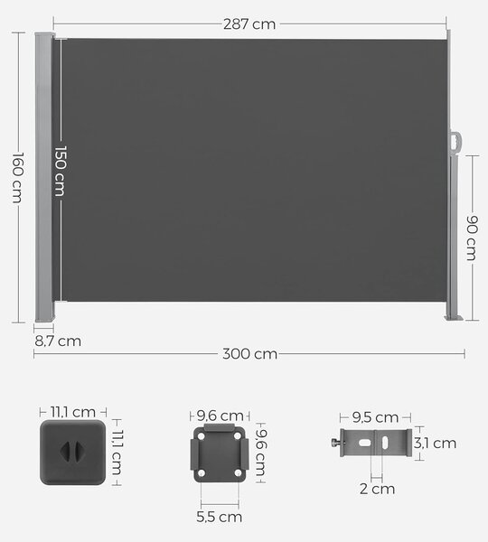 SONGMICS Boční markýza zatahovací tmavě šedá 160x300 cm