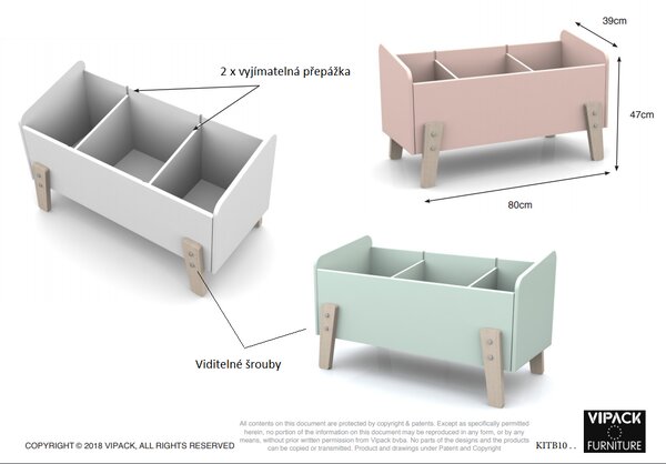 Růžový lakovaný úložný box na hračky Vipack Kiddy 39 x 80 cm