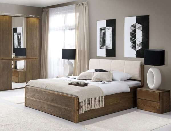 Dubová postel Atlanta s úložným prostorem - pálený dub, krémová látka 180x200 cm