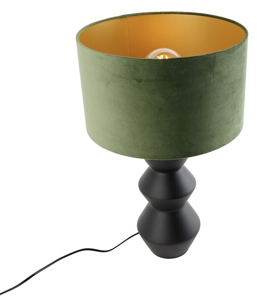 Designová stolní lampa černá s sametovým stínítkem zelená se zlatem 35 cm - Alisia