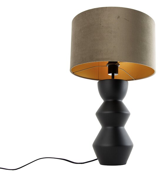 Designová stolní lampa s černým sametovým stínítkem taupe se zlatem 35 cm - Alisia