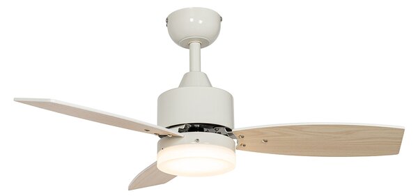 Venkovní stropní ventilátor bílý s dřevěným potiskem 91,3 cm vč. LED stmívatelný s dálkovým ovládáním IP44 - Toledo