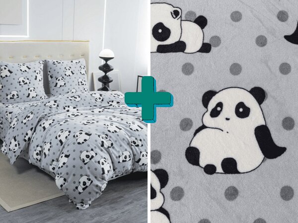 Sada mikroplyšového povlečení + prostěradla 90x200 cm PANDA šedé, jednolůžko
