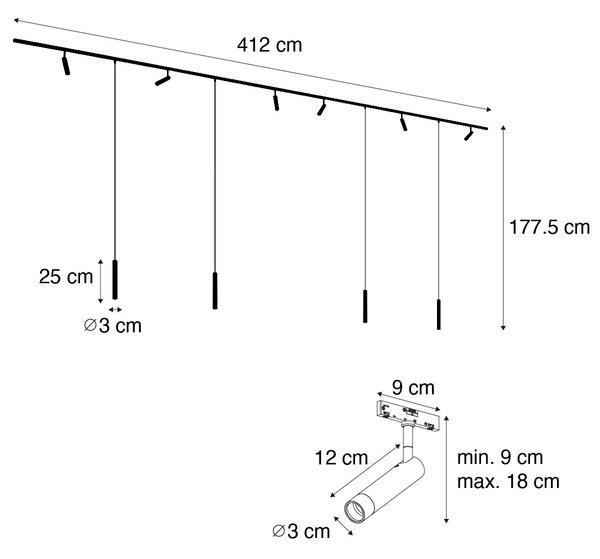 Moderní kolejnicový systém se 6 reflektory a 4 závěsnými světly béžový s černou 1-fázový - Slimline Uzzy Keno