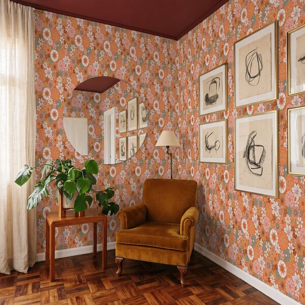 Tapety Zářivý květinový vzor v teplých oranžových odstínech, Tapety květiny, a01269v1 : uwalls.cz