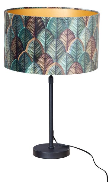 Stolní lampa černá s sametovým stínidlem s motivem listů a zlatým vnitřkem - Parte