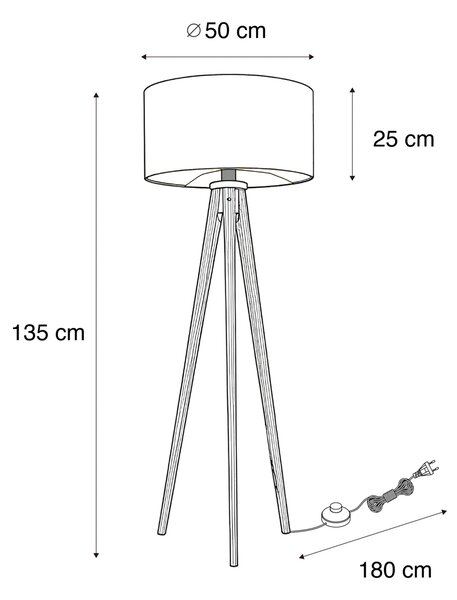 Stojací lampa Tripod Classic z ořechového dřeva s hnědým a béžovým pruhovaným stínidlem 50 cm