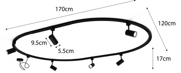 Moderní kolejnicový systém s 6 černými bodovými světly, jednofázový, oválný 100 cm - Iconic Jeana