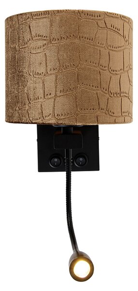 Nástěnná lampa černá s sametovým stínítkem, design krokodýl 18 cm - Brescia