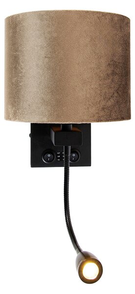 Nástěnná lampa černá s hnědým sametovým stínítkem 18 cm - Brescia