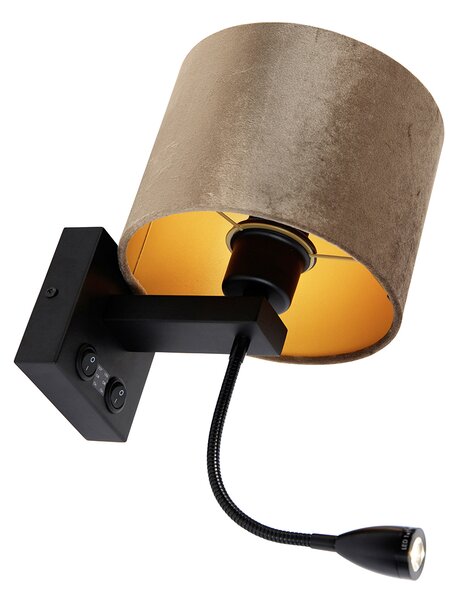 Nástěnná lampa černá s hnědým sametovým stínítkem 18 cm - Brescia
