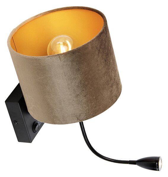 Nástěnná lampa černá s hnědým sametovým stínítkem 18 cm - Brescia
