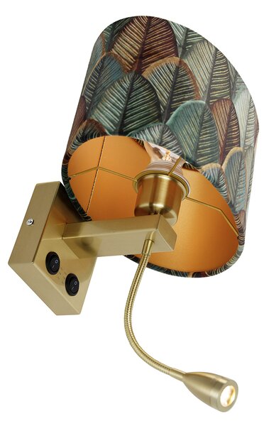 Nástěnná lampa mosazná s oválným sametovým stínítkem s designem listů 25 cm - Brescia Combi