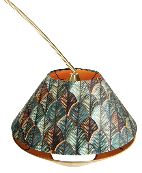 Mosazná oblouková lampa s dvojitým sametovým stínidlem s motivem listů a béžovou barvou - XXL
