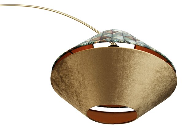 Mosazná oblouková lampa s dvojitým sametovým stínidlem s motivem listů a béžovou barvou - XXL