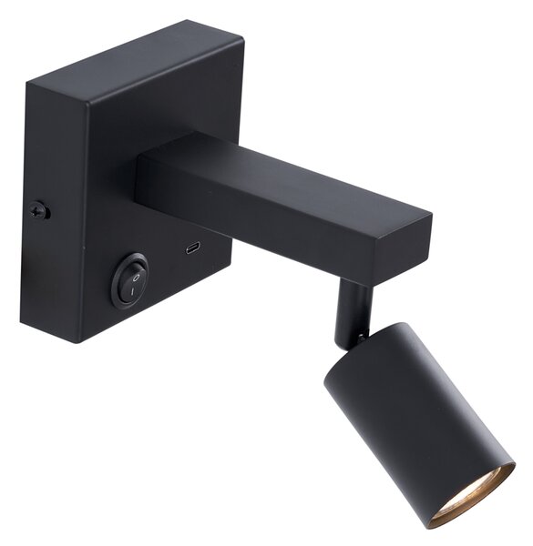 Moderní černá nástěnná lampa s USB-C, naklápěcí - Rex