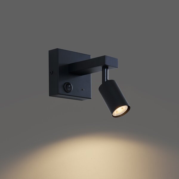 Moderní černá nástěnná lampa s USB-C, naklápěcí - Rex