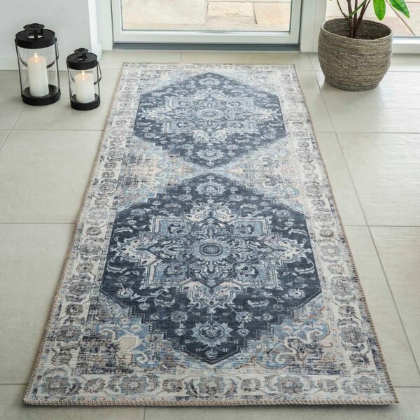 Nordic Living Modro bílý běhoun Shola 80 x 200 cm s orientálními vzory