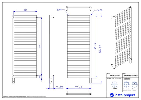 Instal Projekt Piko Electro elektrický radiátor 132.9x53 cm černá PIKE-50/130C31+GH-06C2