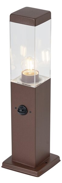 Venkovní lampa rezavě hnědá s čirým sklem 45 cm IP44 se zásuvkou a senzorem pohybu - Malios