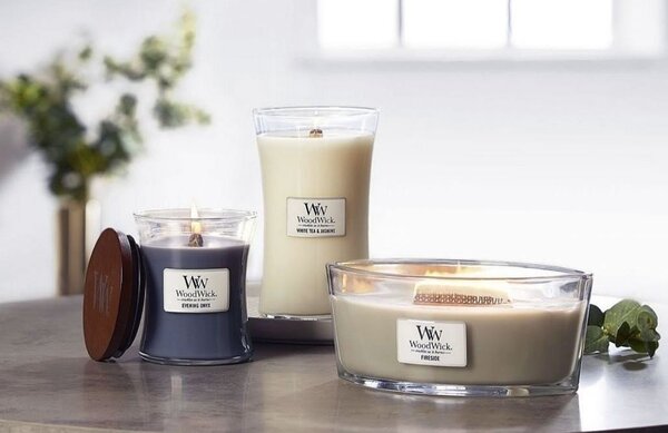 WoodWick Velká vonná svíčka WoodWick, White Tea & Jasmine