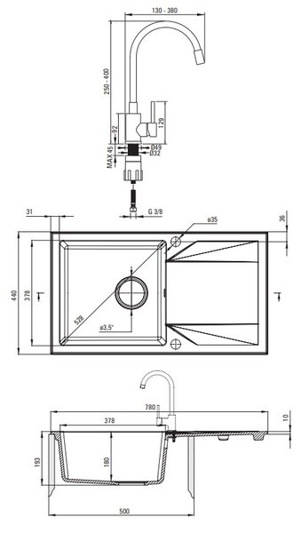 Deante Evora, 1-komorový granitový dřez s odkapávačem 780x440x193 mm a kuchyňská baterie Luno s flexibilním ramenem, černá, DEA-ZQJJN113