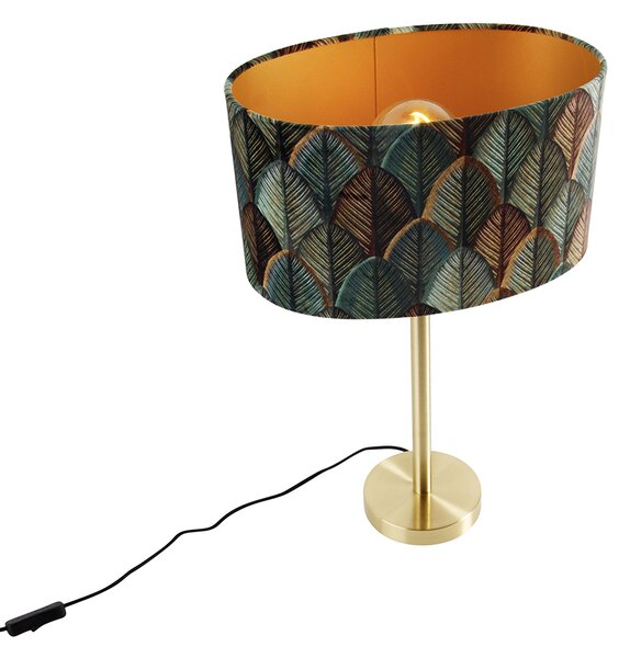 Stolní lampa mosazná s oválným sametovým stínidlem s motivem listů 35 cm - Simplo