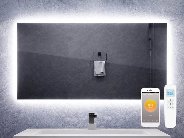 Zrcadlový infrapanel s LED osvětlením MIRROR 700W | Výhřevnost 12,5 m2 | 120x60 cm | WiFi termostat | Dálkový ovladač | Zrcadlo na šířku
