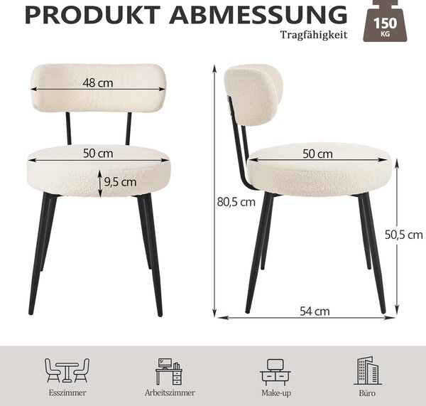 Sada dvou jídelních židlí s boucléovým potahem, čalouněných, moderní design, bez područek, s kovovými nohami, béžové barvy, pohodlné čalouněné židle