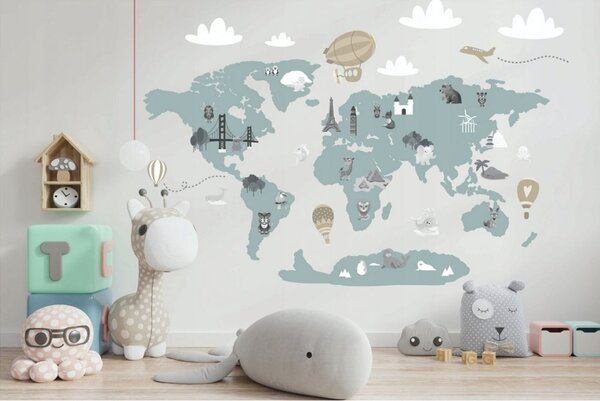Edukační nálepka do dětského pokoje mapa světa a jeho pokladů 80 x 160 cm