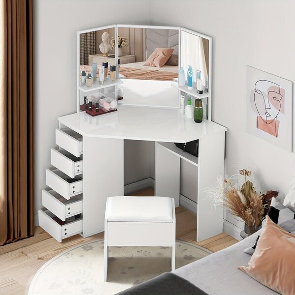 Kosmetický stolek Hoek – Kosmetický stolek – Toaletní stolek – Stolek na líčení – Bílý design – 5 zásuvek a 3 zrcadla