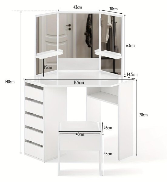 Kosmetický stolek Hoek – Kosmetický stolek – Toaletní stolek – Stolek na líčení – Bílý design – 5 zásuvek a 3 zrcadla