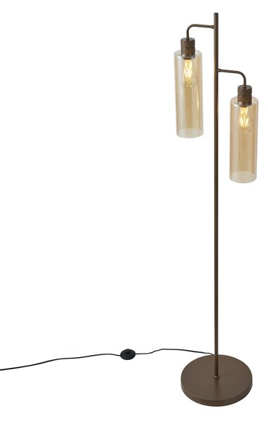 Hotelová elegantní stojací lampa tmavě bronzová s jantarovým sklem 2-světla - Stavelot