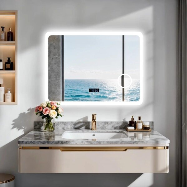 LED zrcadlo do koupelny - Zrcadlo s osvětlením - Zrcadlo na líčení - Zvětšovací zrcadlo - Bluetooth zrcadlo - 80x60 cm