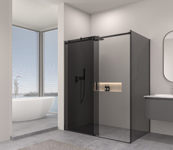 Erga Lynn, sprchový kout s posuvnými dveřmi 90(dveře) x 70(stěna) x 195 cm, 8mm šedé sklo, černý profil, ERG-V02-LYNN-D090G070-GR-BK