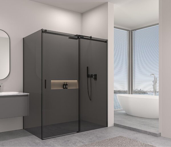 Erga Lynn, sprchový kout s posuvnými dveřmi 90(dveře) x 70(stěna) x 195 cm, 8mm šedé sklo, černý profil, ERG-V02-LYNN-D090G070-GR-BK