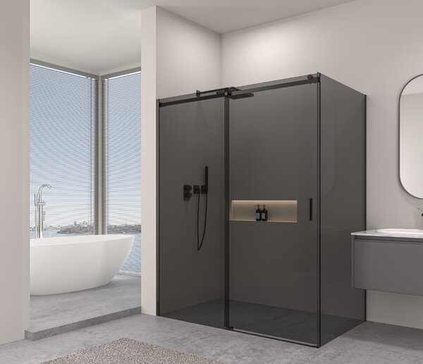 Erga Lynn, sprchový kout s posuvnými dveřmi 90(dveře) x 70(stěna) x 195 cm, 8mm šedé sklo, černý profil, ERG-V02-LYNN-D090G070-GR-BK