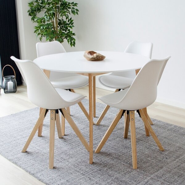 Nordic Living Bílý dřevěný kulatý jídelní stůl Vinay 105 cm s přírodní podnoží