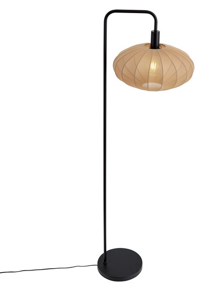 Japandi stojací lampa černá s hnědým látkovým stínidlem - Bida