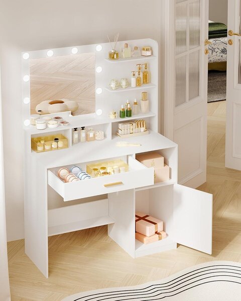 Kosmetický stolek se zrcadlem a 10 LED lampami, s zásuvkami a úložnými prostory, bílý