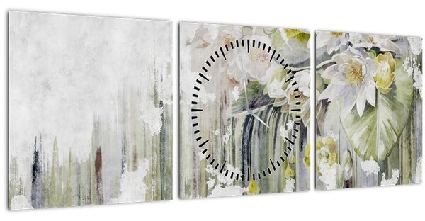 Obraz - Bílé květy, vintage (s hodinami) (90x30 cm)